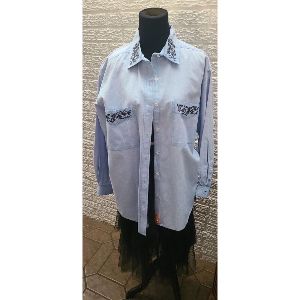 Blair Embroidered Blue Denim-Like Patchwork Button Up Top Women’s Size Large 1X